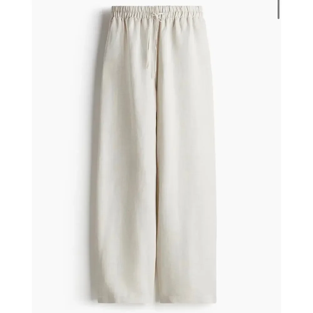 H&M Beige Linen Blend Wide Leg Pull On Pants Coastal Minimalist Small Coastal